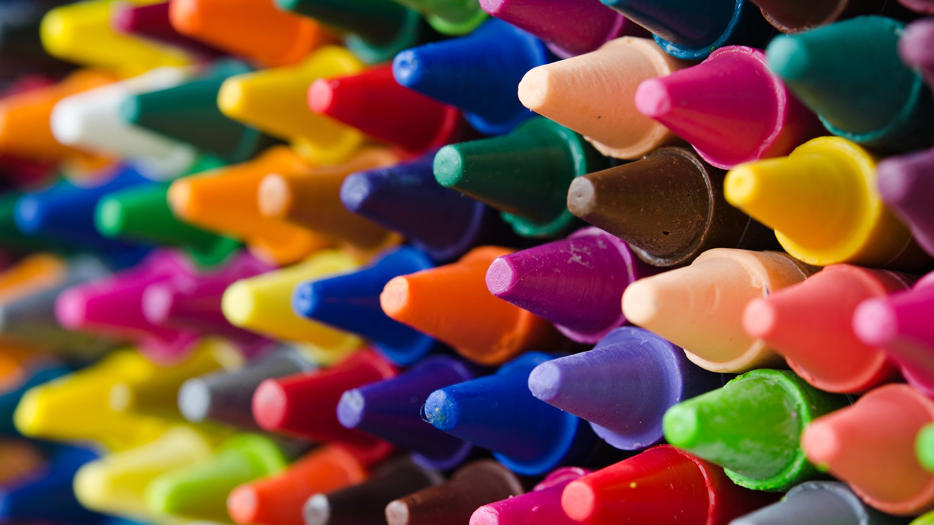 Close-up of rows of brightly coloured wax crayons