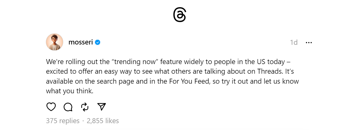 Screenshot of Adam Mosseri's Threads post announcing the Trending Now feature