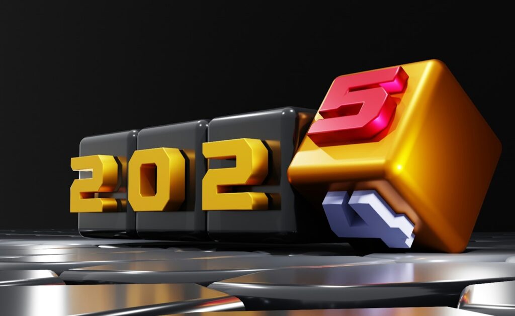 3D gold numbers turning from 2024 to 2025