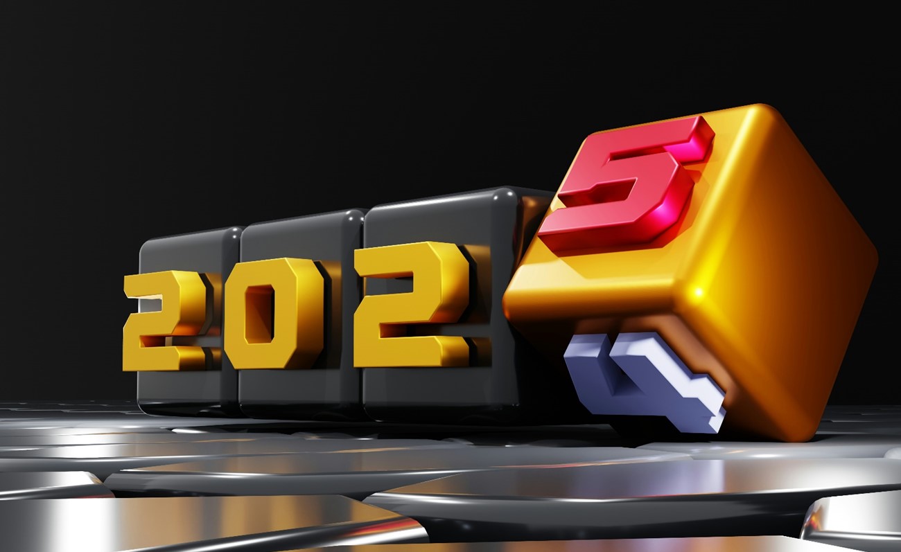 3D gold numbers turning from 2024 to 2025