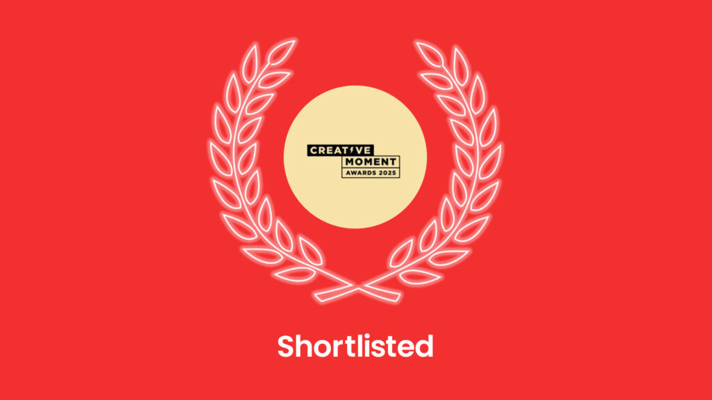 Creative Moment Awards 2025 shortlisted badge on a red background