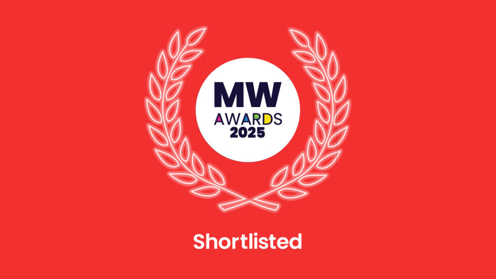 Marketing Week Awards 2025 shortlisted badge on a red background