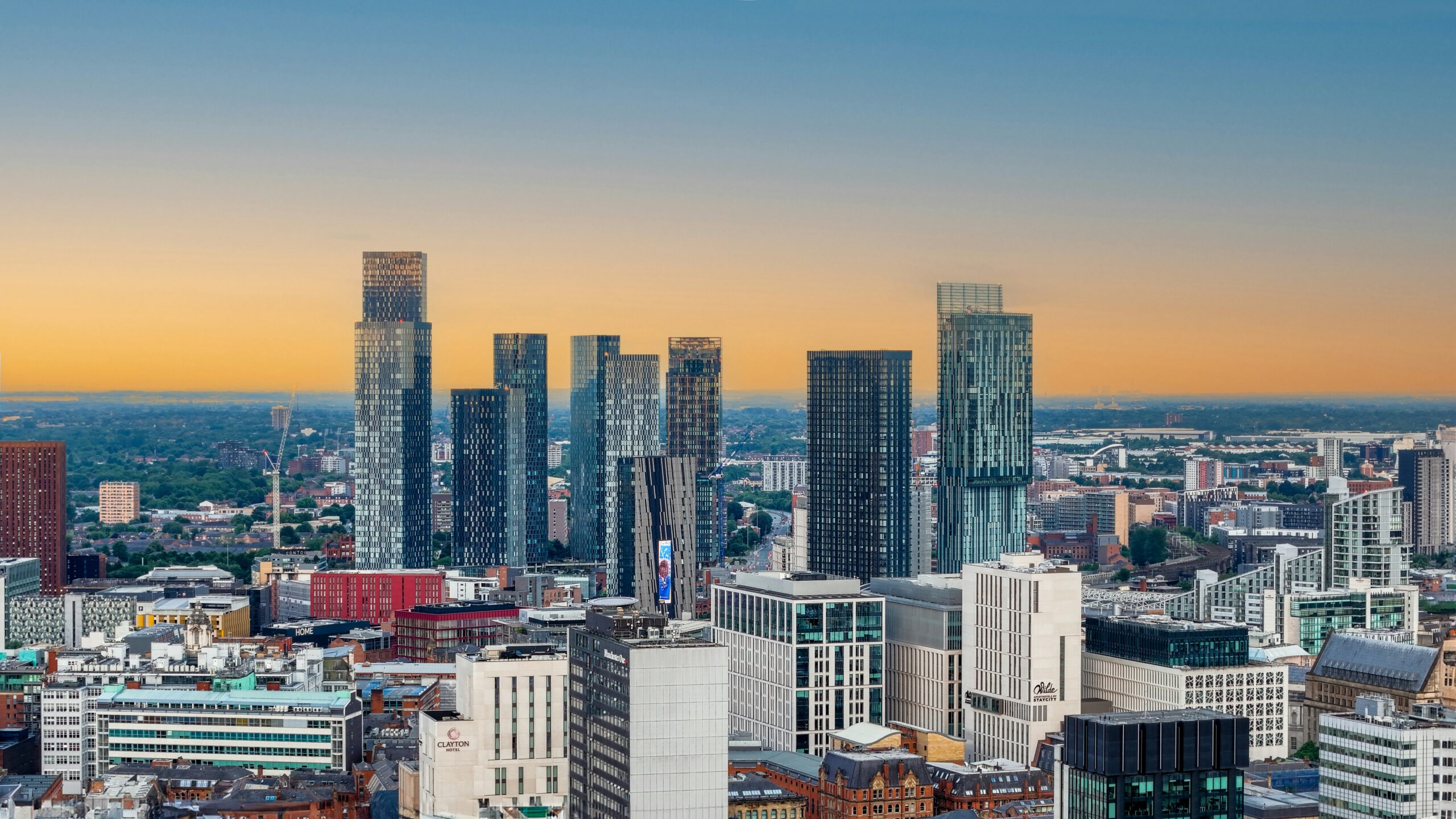 Manchester city skyline at sunset