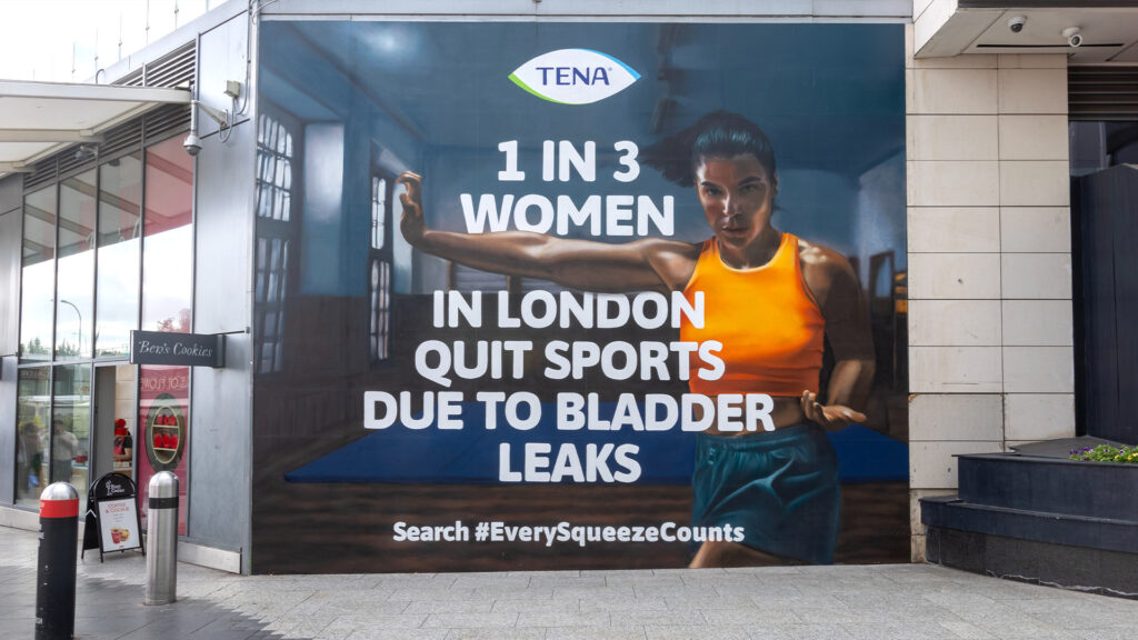 TENA Women billboard reading '1 in 3 women in London quit sports due to bladder leaks'