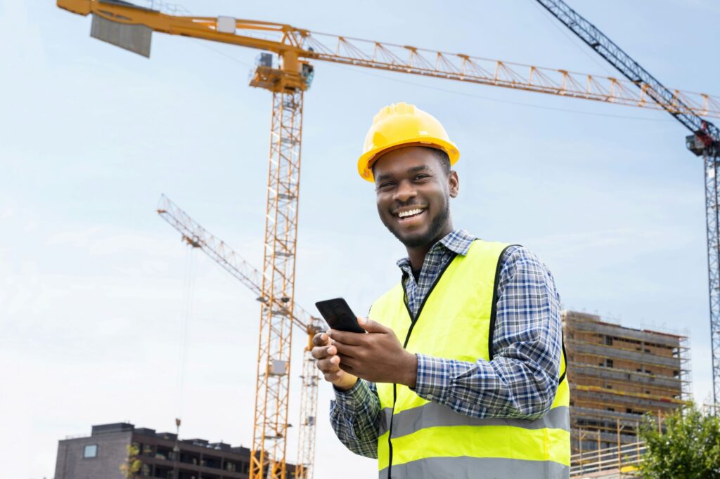 Smiling construction worker in a hard hat and hi-vis vest using a phone on site