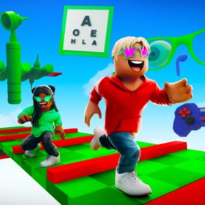 Animated game characters running past a giant eye test chart, from a Specsavers gaming campaign