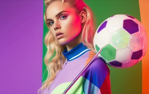 AI-generated image of a woman in a colourful football shirt with a football