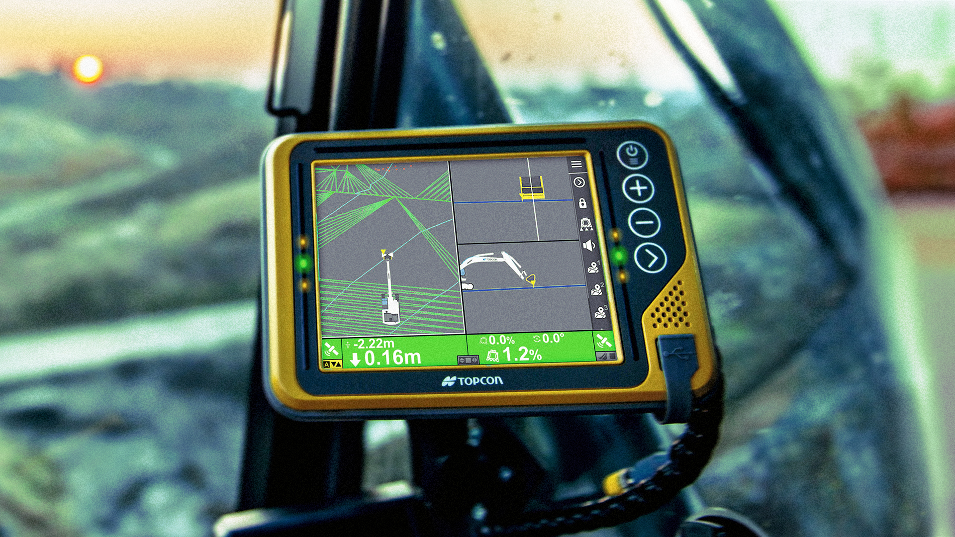 Topcon machine control screen mounted in an excavator cab