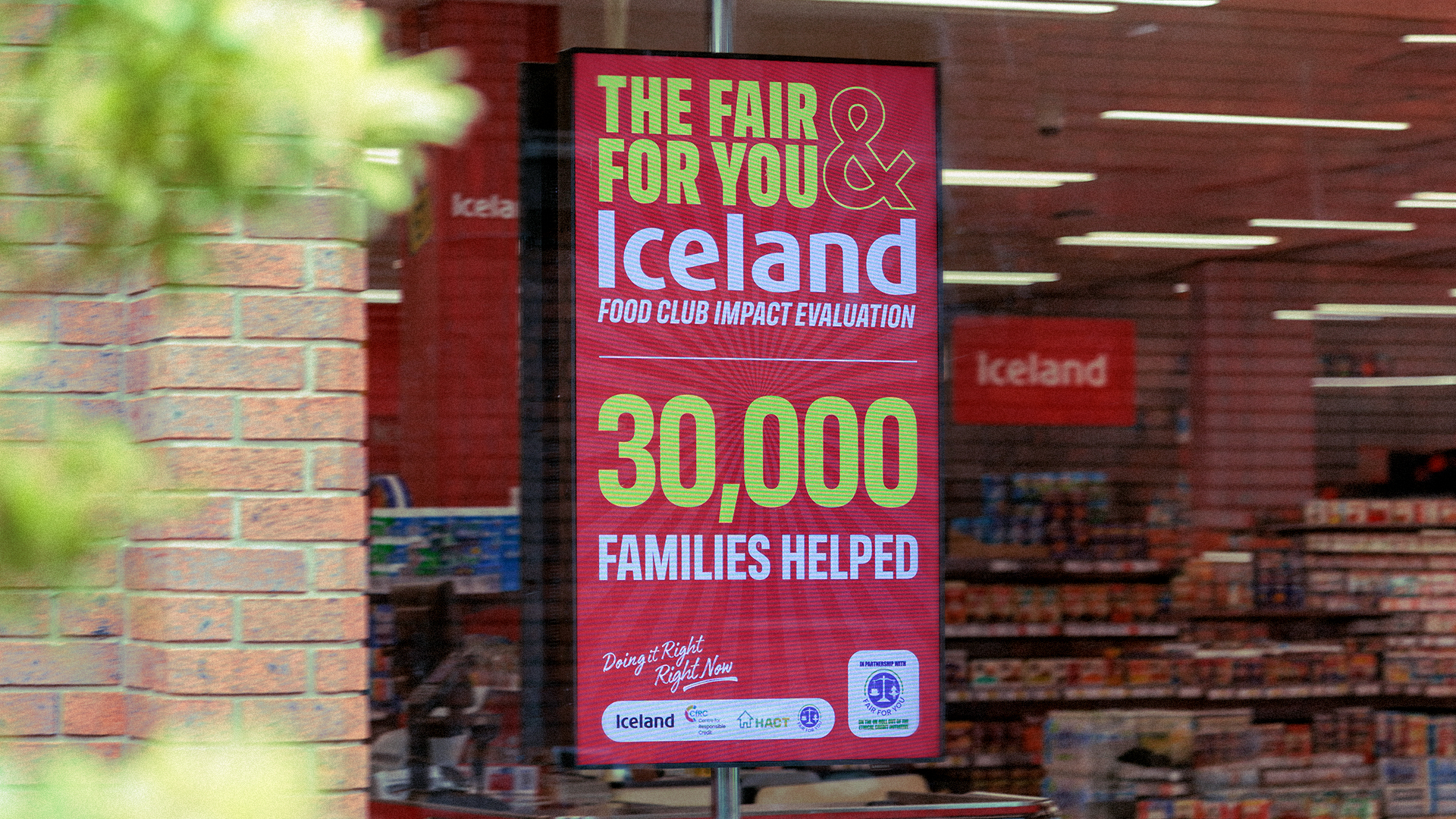 Iceland 'Fair for You' poster reading '30,000 families helped'