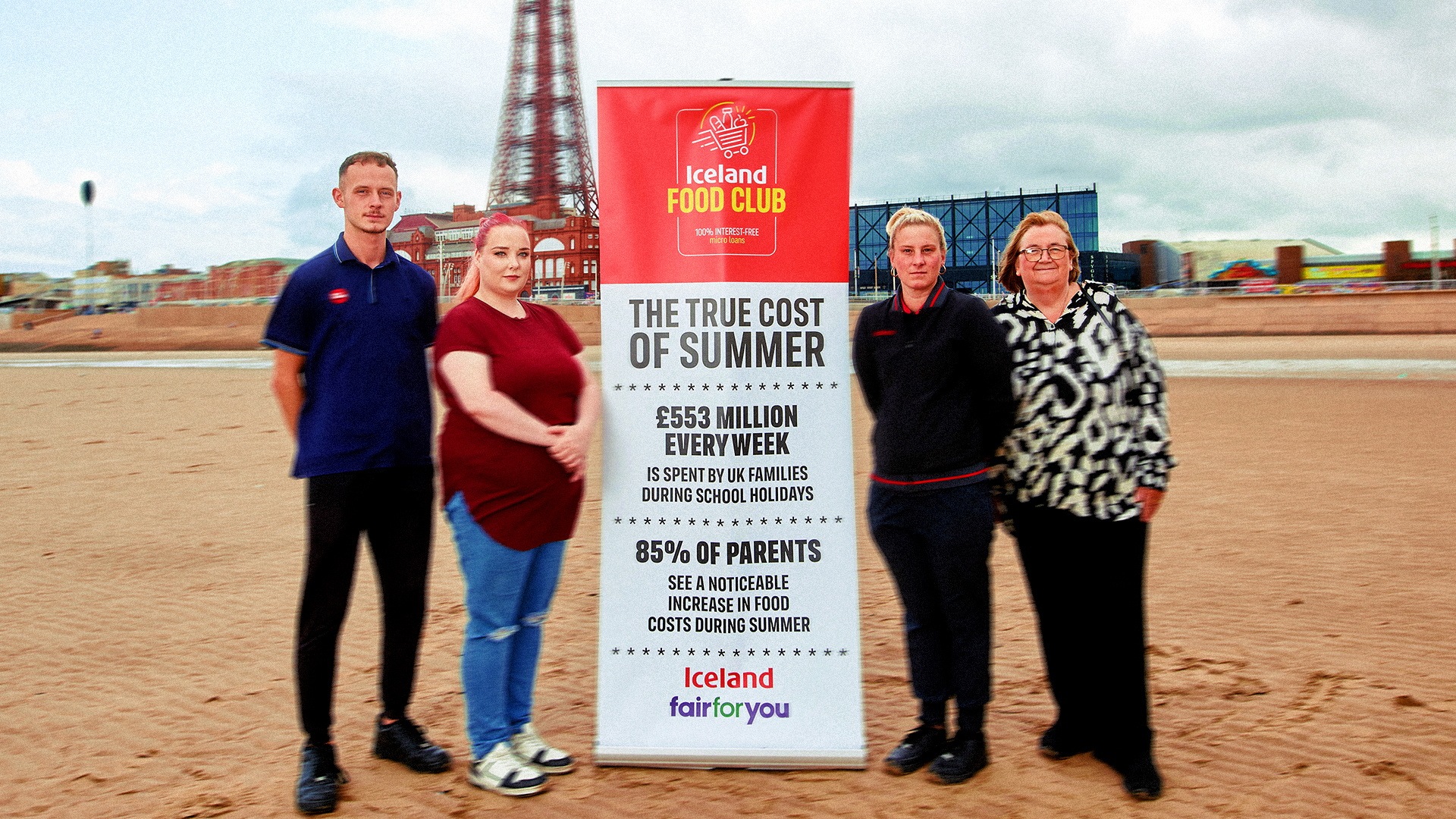 Iceland team on Blackpool beach with a 'True cost of summer' board, Blackpool Tower behind