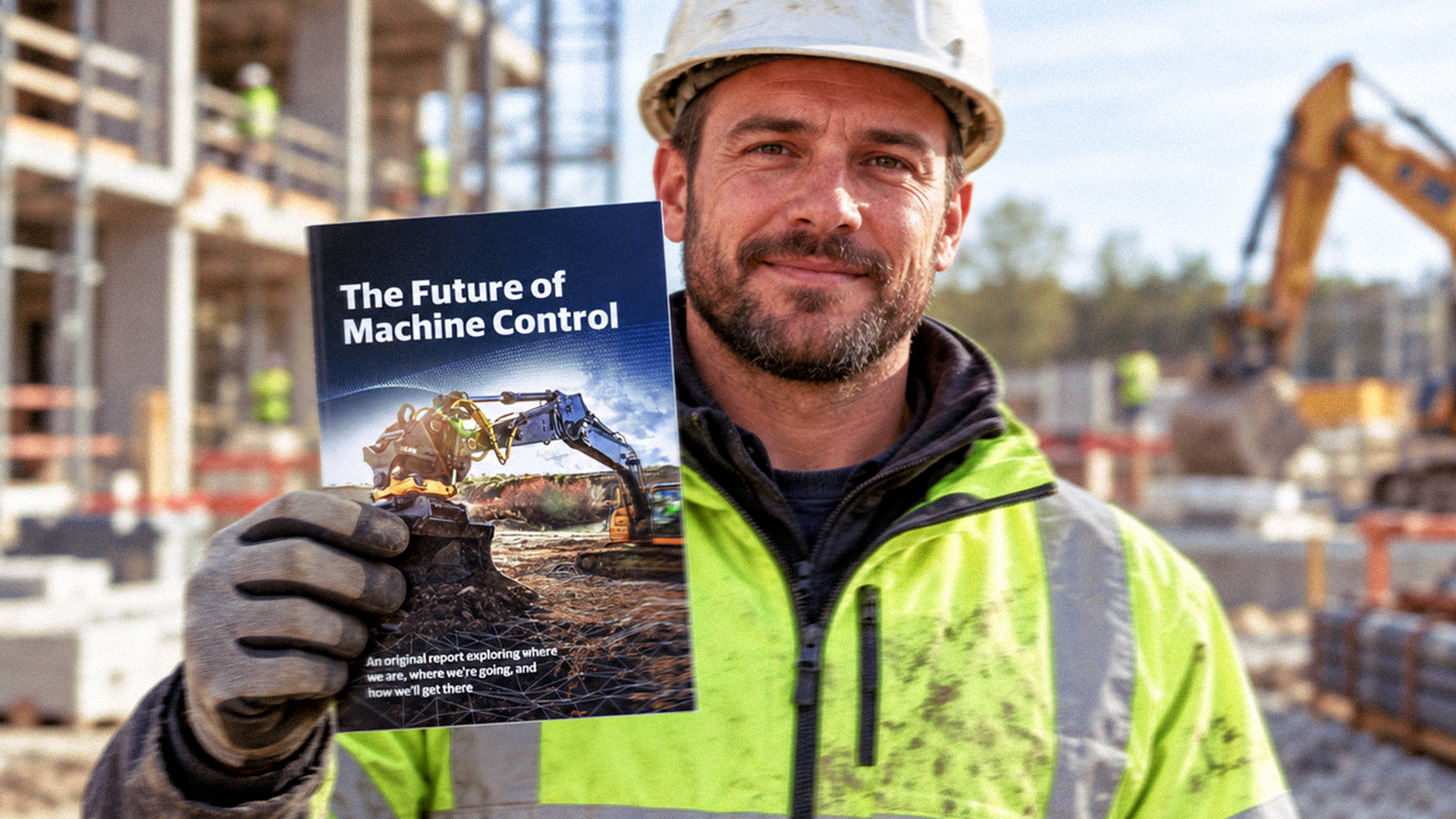 Construction worker holding Topcon's 'The Future of Machine Control' report on site