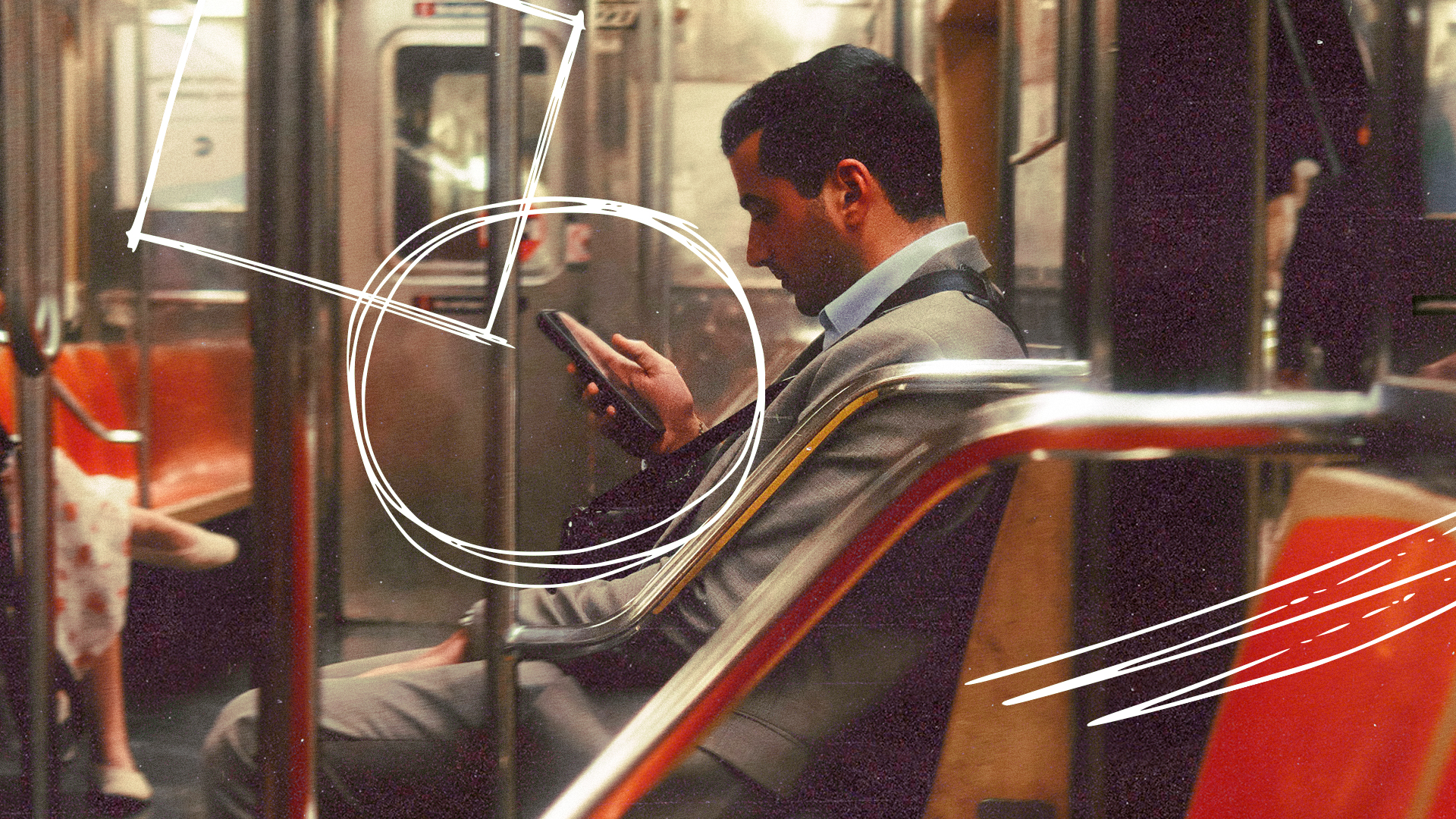 Commuter looking at a phone with sketched lines, cover of the Shapes of Attention report