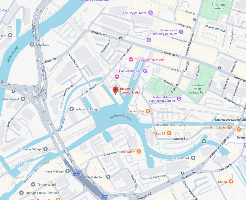 Map showing Tangerine's Manchester office at Giants Basin, Potato Wharf, Castlefield
